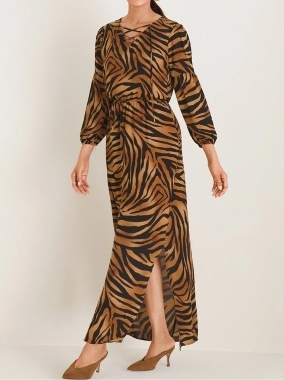 NWT Chico’s Brown & Black Tiger Print Lace Up Maxi Dress
